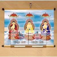 Tranh Tam Thế Phật treo tường khổ lớn 70x50cm bằng vải bóng cao cấp dày dặn