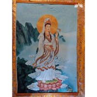 Tranh Thangka Phật Quan Thế Âm Bồ Tát, tặng nẹp gỗ - 60*90cm - Tranh Phật bằng vải thêu