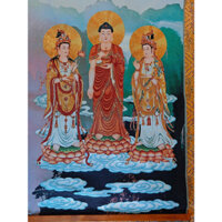 Tranh Thangka Tây Phương Tam Thánh 60*90cm, tặng nẹp gỗ - Tranh Phật bằng vải thêu