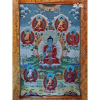 Tranh Thangka Thất Phật Dược Sư, tặng nẹp gỗ - 60*90cm - Tranh Phật bằng vải thêu