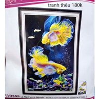 tranh thêu chữ thập, cá chép song ngư. kích thước 59x90