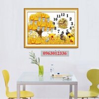 tranh thêu chữ thập cây tài tộc đồng tiền vàng đồng hò kt 70x50cm