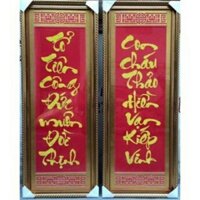Tranh thêu chữ thập chỉ lụa Câu đối treo phòng gia tiên (thành phẩm)