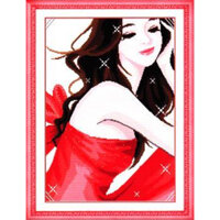 Tranh Thêu Chữ Thập Cô Gái Áo Đỏ MR002 (TRANH CHƯA THÊU) KT:61X49CM