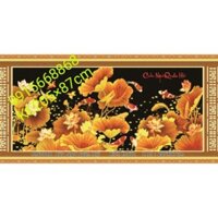 Tranh thêu chữ thập cửu ngư quần hội cá chép sen vàng tuyệt đẹp kt 205*87cm