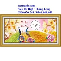 Tranh thêu chữ thập đồng hồ 2 con công vàng phú quý khai hoa 88953 chưa thêu