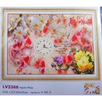 Tranh thêu chữ thập đồng hồ cá chép Hạnh phúc (chưa thêu) LV3366