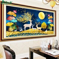 Tranh Thêu Chữ Thập Giàu Sang Phú Quý Hươu Tài Lộc DX1315(150x65cm) DX1316(195x84cm) Chưa Thêu