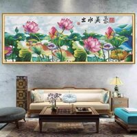 Tranh thêu chữ thập hoa sen. Tranh thêu đầm sen size to trên 100cm