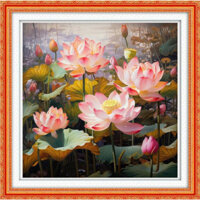 Tranh thêu chữ thập Hoa sen (chưa thêu)