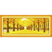 tranh thêu chữ thập phong cảnh hàng cây mua thu lá vàng kt 198x79cm