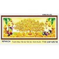 tranh thêu chữ thập thần tài cây kim tiền kt 130x65cm
