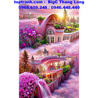 Tranh thêu chữ thập tòa lâu đài bên dàn hoa màu hồng J8012 vải kim tuyến, chưa thêu