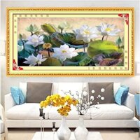 Tranh thêu đầm hoa sen KT:80x55cm, tranh chưa thêu và chưa khung
