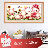 Tranh thêu GIA ĐÌNH HEO, kích thước: 75*38cm (Tặng bộ dụng cụ 05 món).