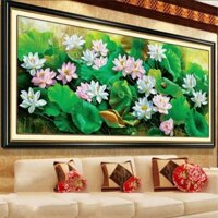 Tranh thêu kín Đầm Hoa Sen - 100x55cm , 150x70cm,, Tranh chưa thêu