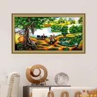 Tranh thêu kín đồng quê cây đa đầu làng KT:130x65cm, tranh chưa thêu và chưa khung