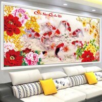 Tranh theu MN0099 cá chép hoa mẫu đơn khổ 130x60cm