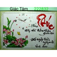 Tranh thêu PHÚC  - 68x48cm - 222832 - ĐỒNG HỒ BÔNG HOA SEN GIÀU ĐỨC VINH HOA CHỮ - tranh thêu chữ thập chưa thêu