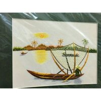 Tranh thêu tay đánh cá 25x35