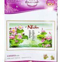 Tranh thêu thư pháp chữ nhẫn hoa sen LV3373 - kích thước: 75 * 47cm. (TRANH CHƯA LÀM)