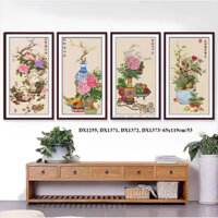 tranh thêu tứ bình phong thủy 1 bộ 4 bức,  size 65x119cm/1 bức. vải nâu