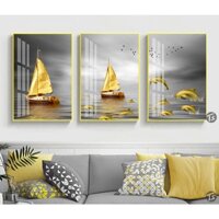 Tranh Thuyền Buồm, bộ 3 tấm chất liệu gỗ in tráng gương