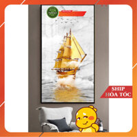 Tranh Thuyền Buồm Ra Khơi, chất liệu gỗ in tráng gương, khung bọc viền vàng