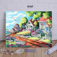 Tranh tô màu số hóa DIY Flower house beside the sea kèm dụng cụ 30x40