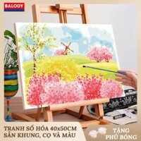 Tranh Tô màu Số hóa Phong cảnh Làng quê MS266 40x50cm BALODY có khung, màu, cọ, móc treo tường