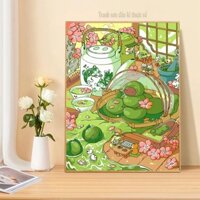 Tranh tô màu theo số tiệc trà chiều, tranh số hóa bánh mochi matcha kích thước 40x50cm, tranh sơn dầu kĩ thuật số 2024