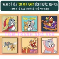 Tranh Tô Màu Theo Số TOM và JERRY, KT 40x40cm, Có Khung, Đủ Phụ Kiện, Tranh Số Hóa Hottrend