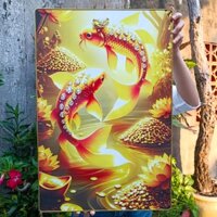 Tranh tráng gương Cá Chép Hoa Sen, tranh gỗ phong thủy bo viền vàng nhiều kích thước