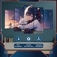 Tranh Tráng Gương Cô Gái và Mèo con cực cute, chất liệu mika gương bồi fomex 5mm dán tường, có keo dán sẵn 2 mặt