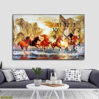 Tranh Tráng Gương Đồng Hồ Đàn Ngựa Phi Dũng Mãnh Tuyệt Đẹp - Đồng Hồ Treo Tường Trang Trí Phòng Khách, Phòng Làm Việc
