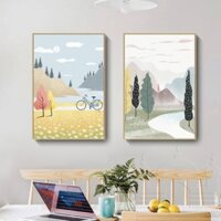 Tranh trang trí phong cách Bắc Âu, tranh treo không khung, tranh nghệ thuật phong cảnh tông màu xanh và hồng, tranh nghệ thuật cho phòng khách, lối vào, phòng ăn, nhãn dán tường, trang trí cửa hàng nhà nghỉ và quán ăn.