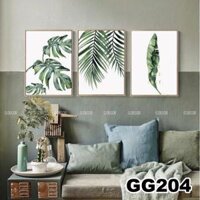 Tranh treo tường canvas 3 bức phong cách hiện đại Bắc Âu 203, tranh hoa lá trang trí phòng khách, phòng ngủ, spa, decor - GG204,30x40x3bức