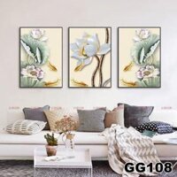 Tranh treo tường canvas 3 bức phong cách hiện đại Bắc Âu 108, tranh hoa sen trang trí phòng khách, phòng ngủ, phòng ăn - GG108,30x40x3bức