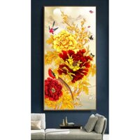 Tranh Treo Tường Canvas Hoa Mẫu Đơn Màu Vàng Đỏ Mang Lại Sự May Mắn 40 x 80 cm TTT-0266