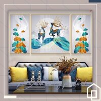 Tranh Treo Tường Decor Phong Cảnh Cặp Đôi Nai Sừng Hoa Trừu Tượng Hiện Đại Bộ 3 Bức Ghép Sang Trọng LUX-FT41004