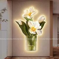 Tranh treo tường đèn led tráng gương uv cao cấp bình hoa tulip trắng 5 có kèm đinh treo