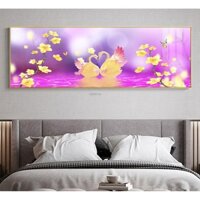 Tranh treo tường đôi thiên nga trang trí phòng ngủ bóng kính hoặc vải canvas thien nga 150x50 cm 29-1-2021