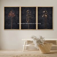 Tranh Treo Tường, DustinWay Framed Canvas Print Wall Art Set Dark Dried Wildflower, Tặng Đinh Treo