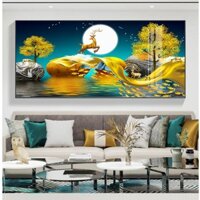 Tranh treo tường hiện đại phong thủy nai và cây vàng tài lộc bóng kiếng hoặc vải canvas W-1340