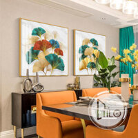 Tranh Treo Tường Lá Bạch Quả May Mắn Trang Trí Phòng / Khách Sạn / Bàn Ăn Sang Trọng Hiện Đại Khung Nhôm Cao Cấp