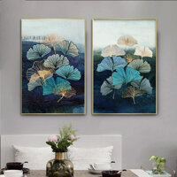 Tranh treo tường lá rẻ quạt 2 tấm decor trang trí phòng khách nhà hàng khách sạn MF08
