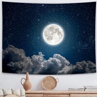 Tranh treo tường - Thảm vải trang trí đa năng, decor phòng hiện đại, sang trọng hình mặt trăng giữa tặng kèm móc treo