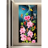 Tranh treo tường tráng gương bóng kiếng phong thủy đàn cá và hoa đào hiện đại sang trọng chin ca 120x240 cm 12-11-2020