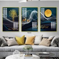 Tranh Treo Tường Tráng Gương 5D Simple House  Hươu Tài Lộc (Bộ 3 Tấm)  Decor Trang Trí Phòng Khách  Làm Quà Biếu