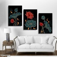 Tranh treo tường Tranh tráng gương Hoa sen bộ 3 tấm khung viền cao cấp